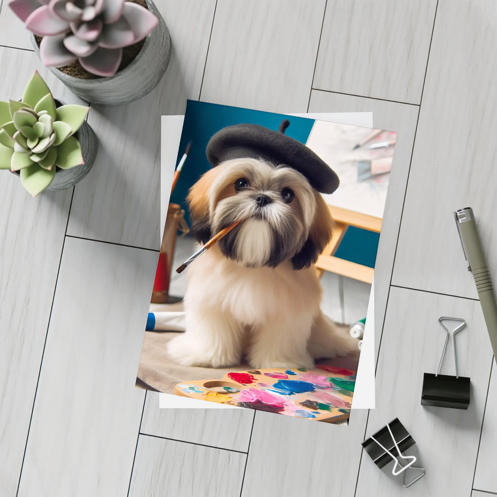 Shih Tzu Artist Wearing Beret With Paintbrush – Postcards