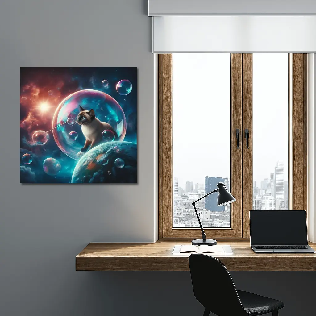Siamese Cat Blowing Bubbles in Space – Wall Art