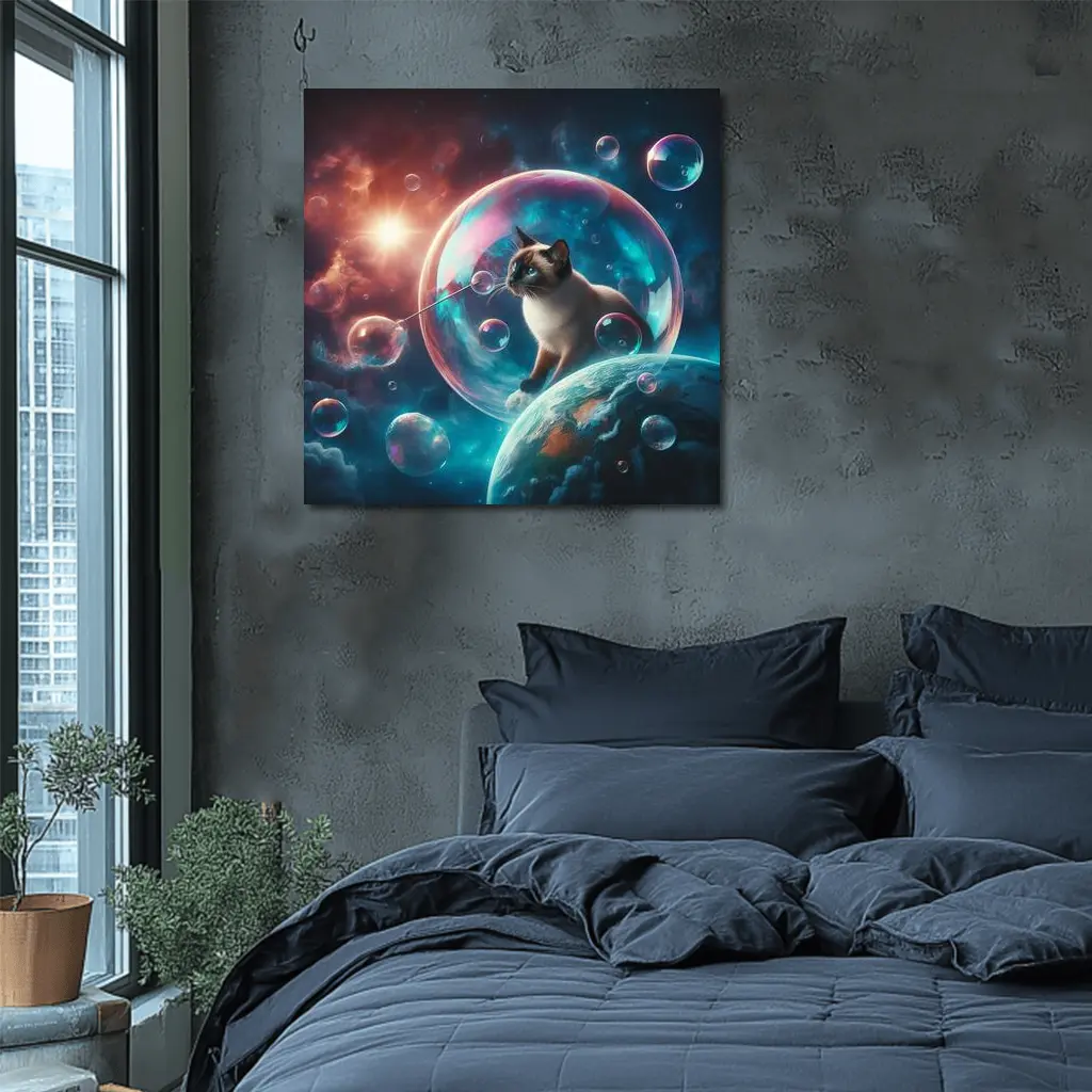 Siamese Cat Blowing Bubbles in Space – Wall Art