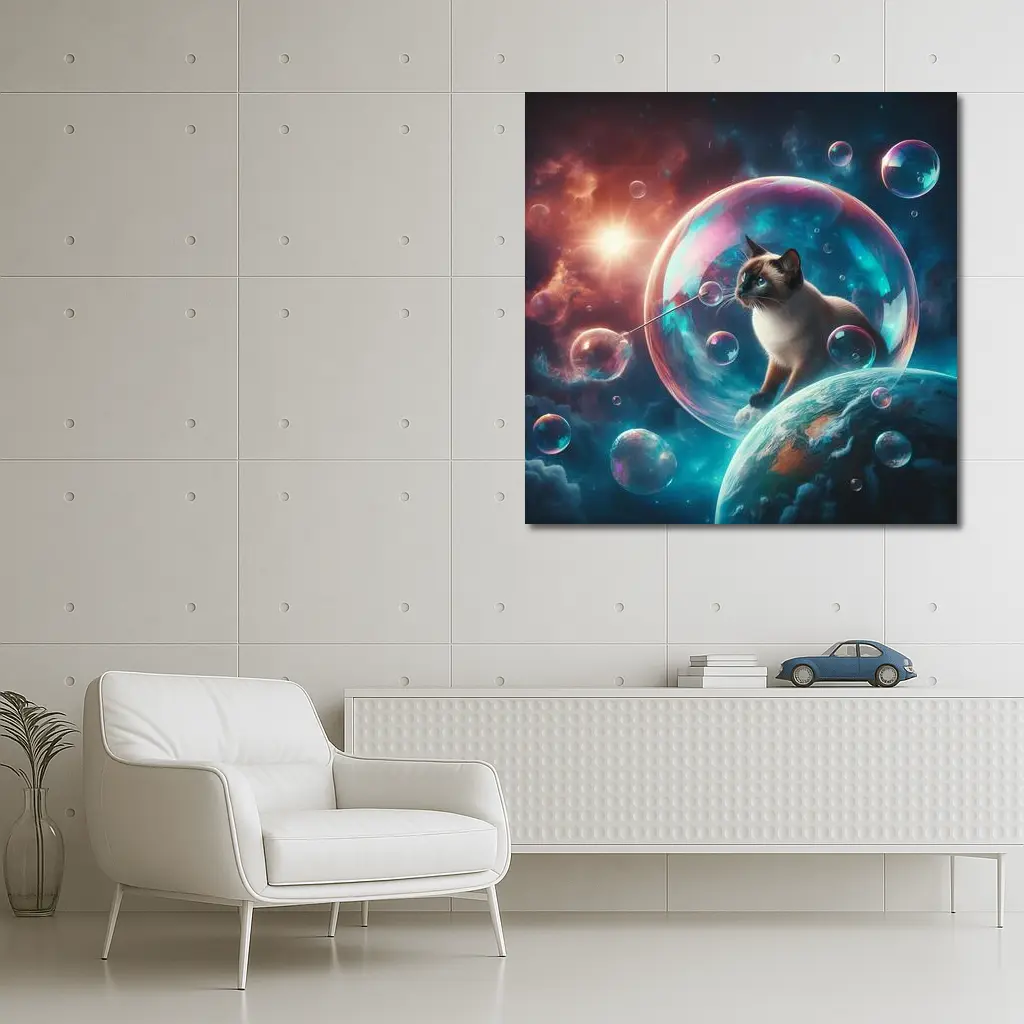 Siamese Cat Blowing Bubbles in Space – Wall Art