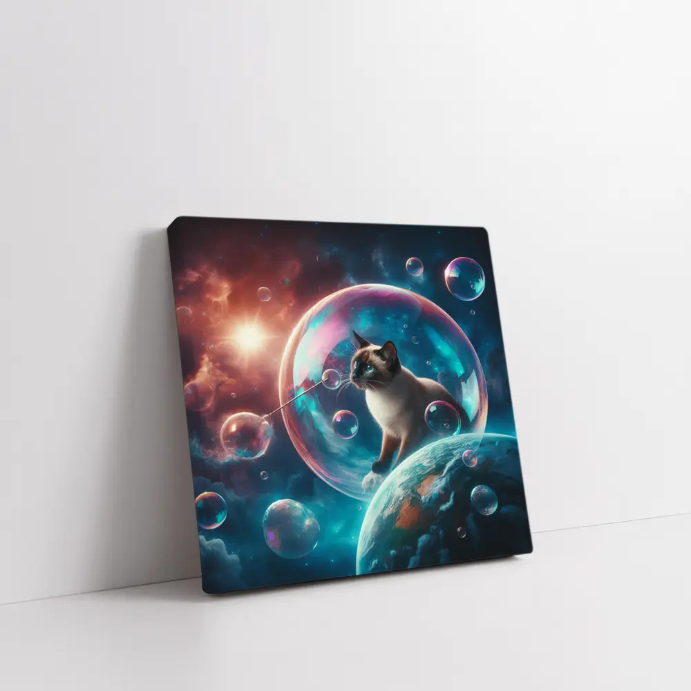 Siamese Cat Blowing Bubbles in Space – Wall Art