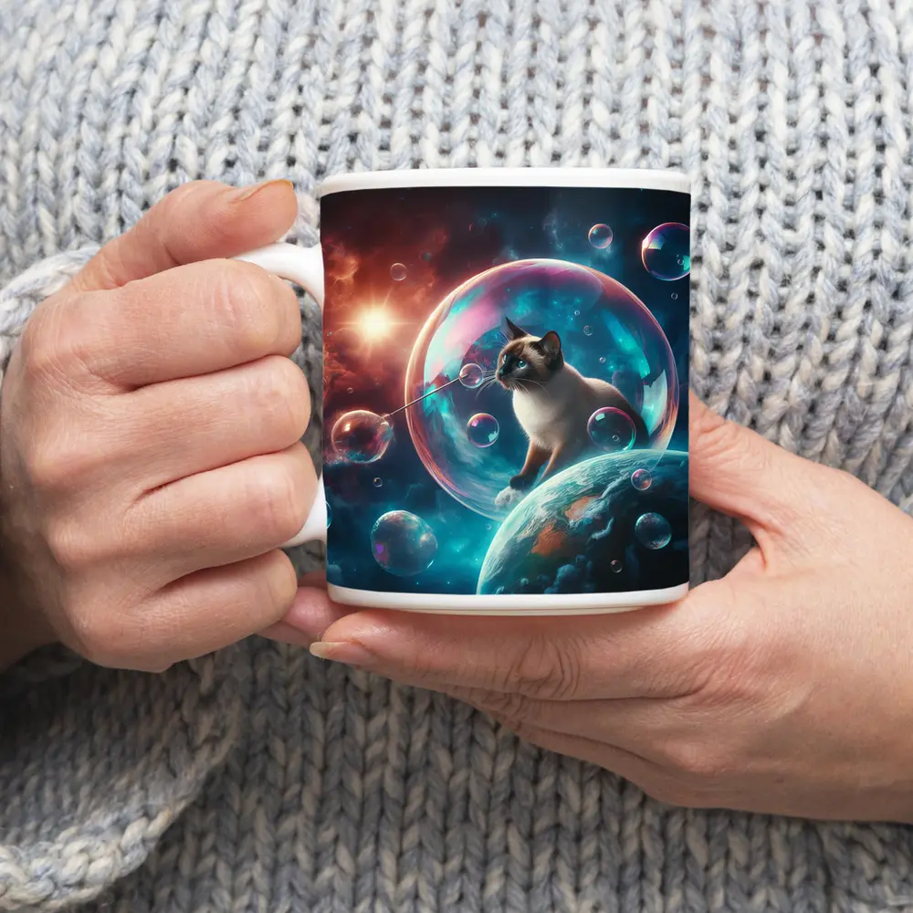 Siamese Cat Blowing Bubbles in Space – Mugs