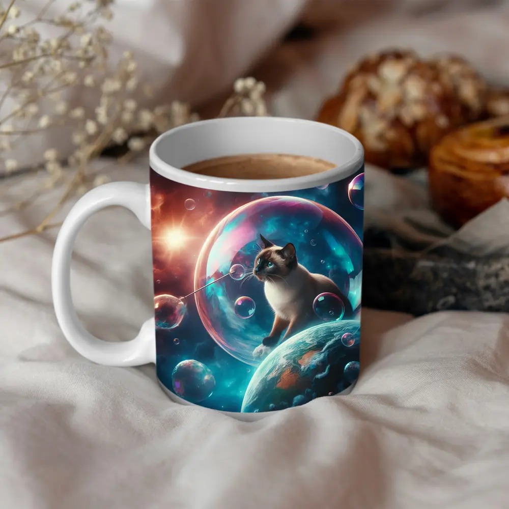 Siamese Cat Blowing Bubbles in Space – Mugs