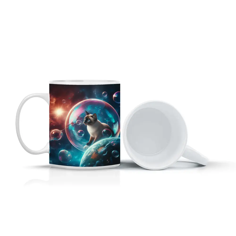 Siamese Cat Blowing Bubbles in Space – Mugs