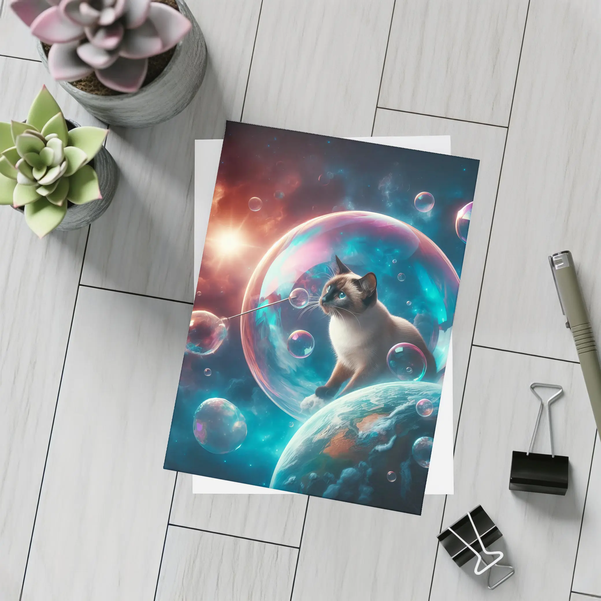 Siamese Cat Blowing Bubbles in Space – Postcards