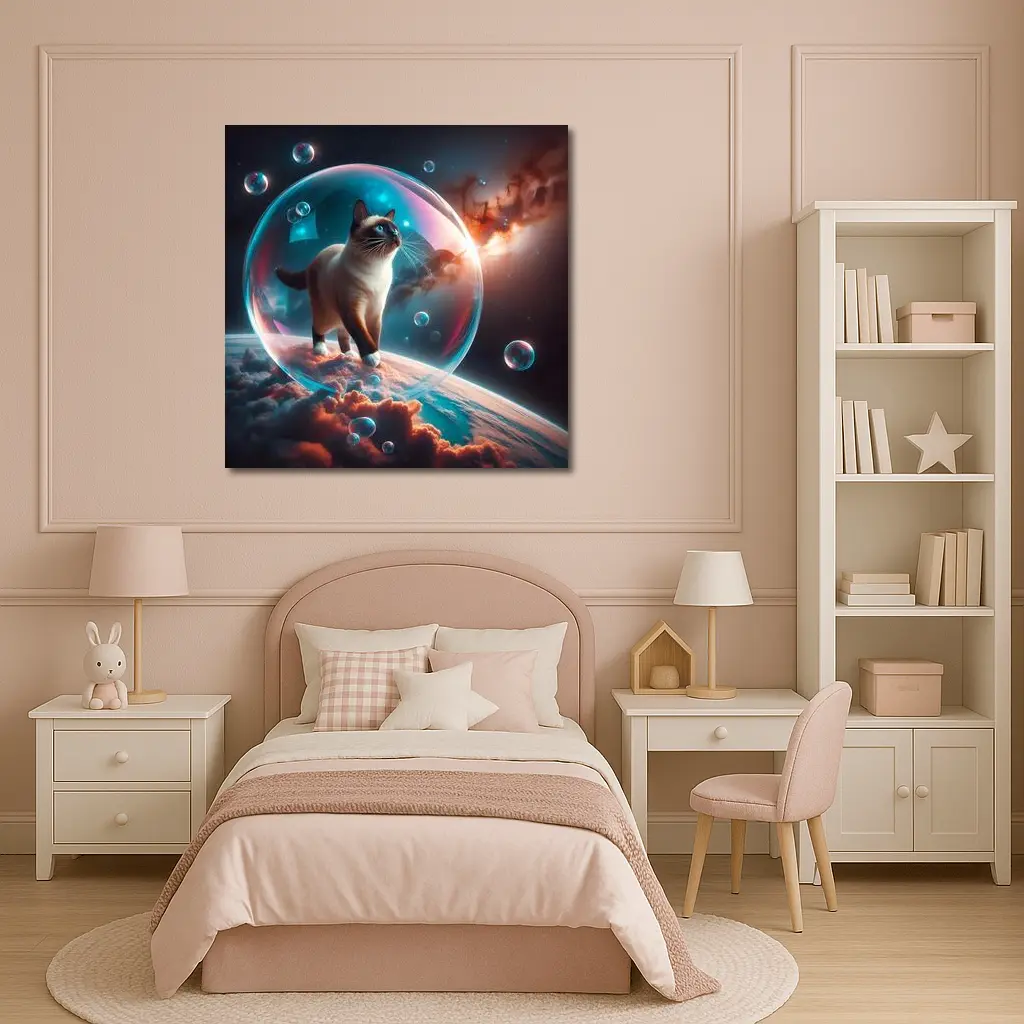 Siamese Cat Floating Bubble Cosmic Space – Wall Art