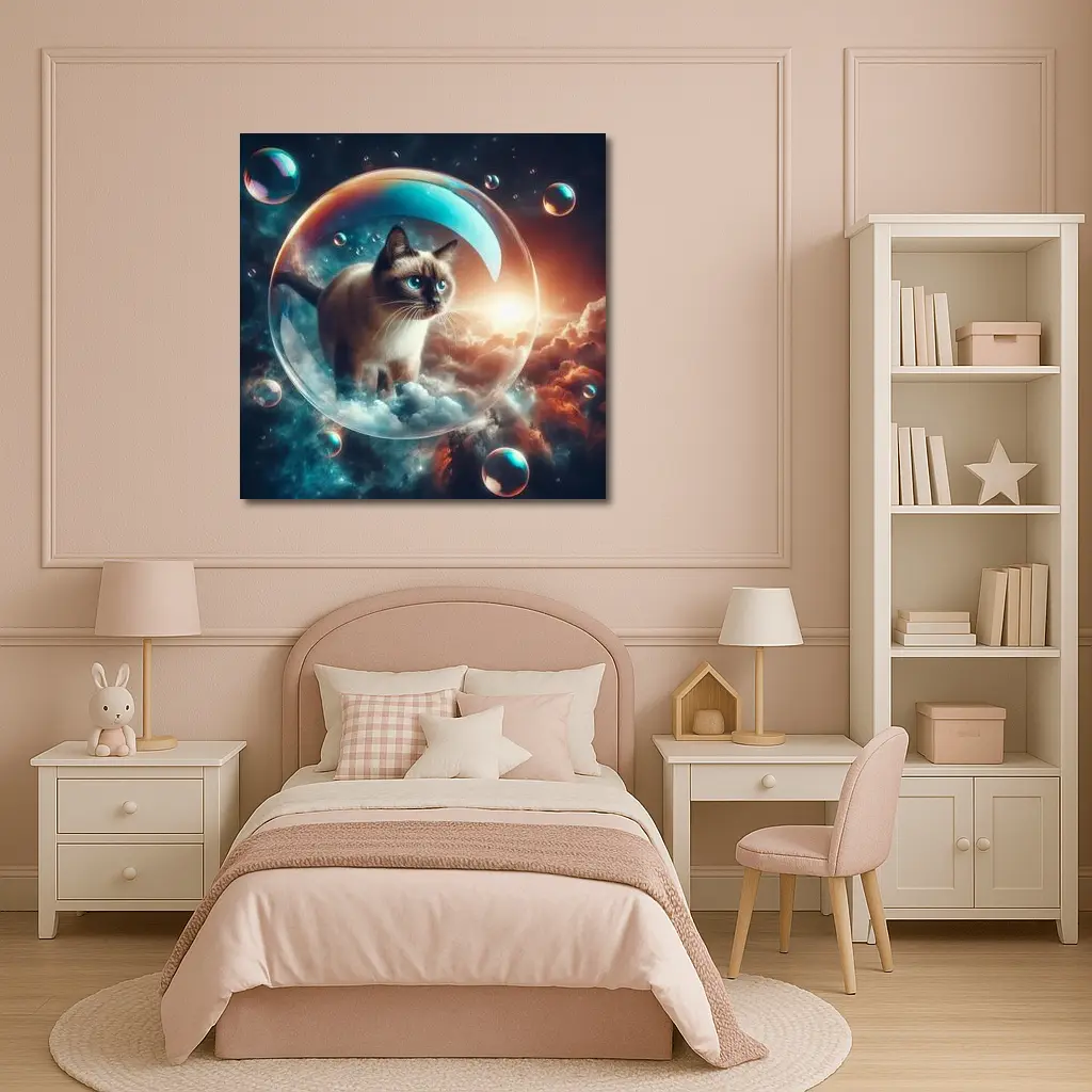 Siamese Cat Floating Bubble Cosmic Sky – Wall Art