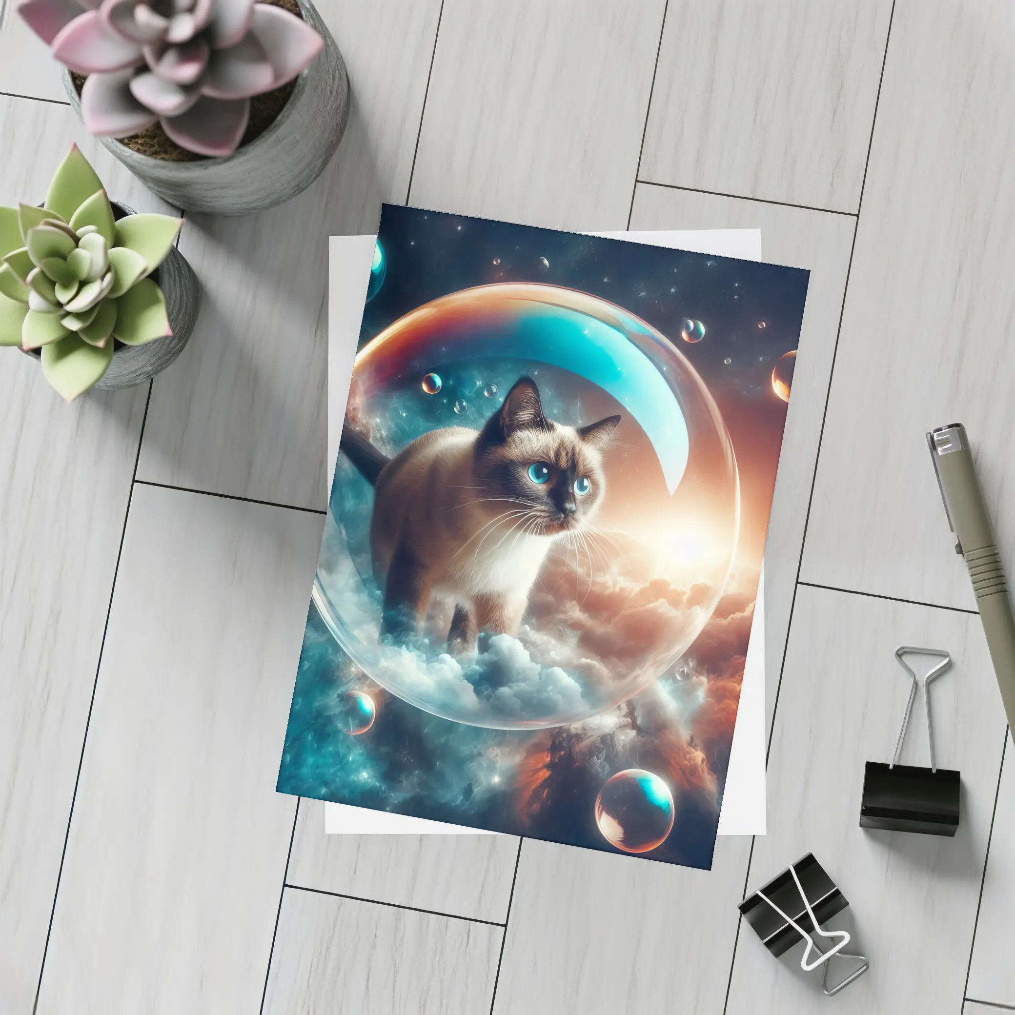 Siamese Cat Floating Bubble Cosmic Sky – Postcards