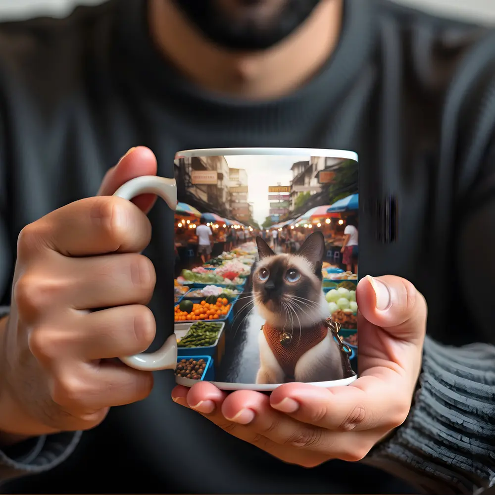 Siamese Cat at Colorful Street Market – Mugs
