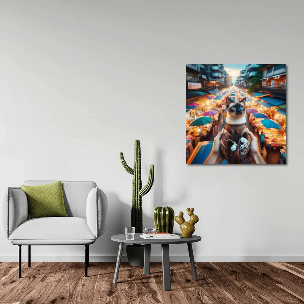 Siamese Cat Over Colorful Night Market Street – Wall Art