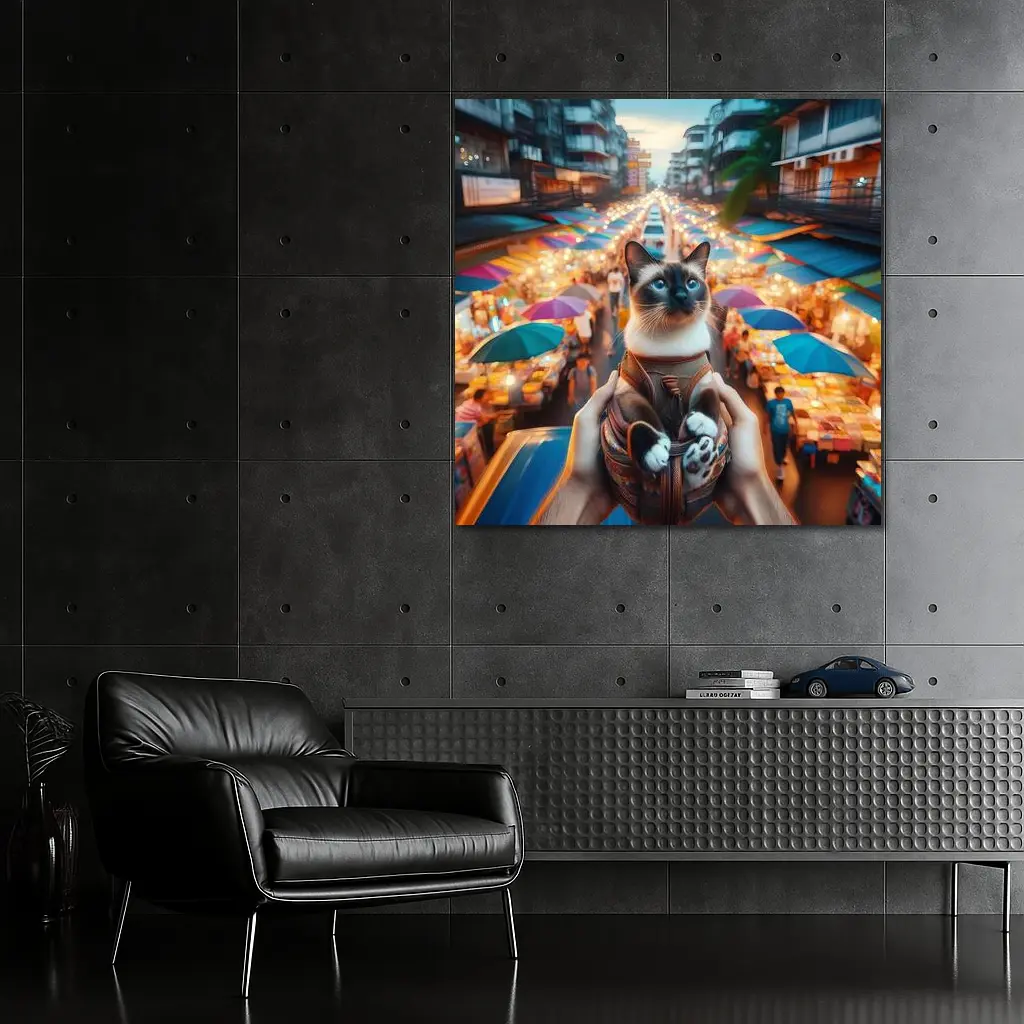 Siamese Cat Over Colorful Night Market Street – Wall Art