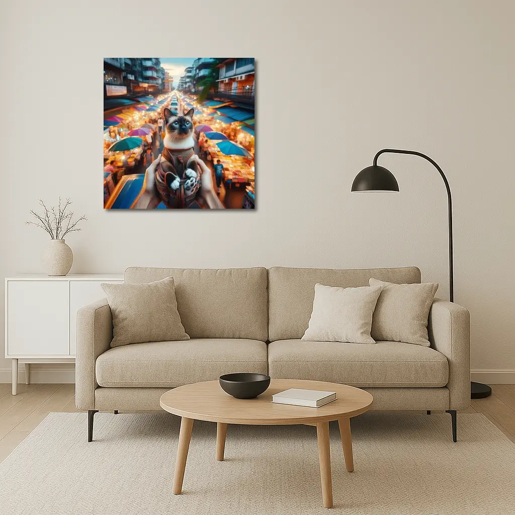 Siamese Cat Over Colorful Night Market Street – Wall Art