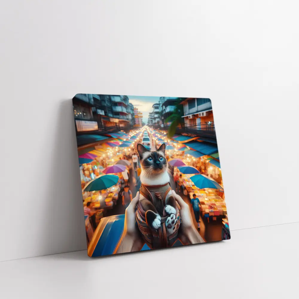 Siamese Cat Over Colorful Night Market Street – Wall Art