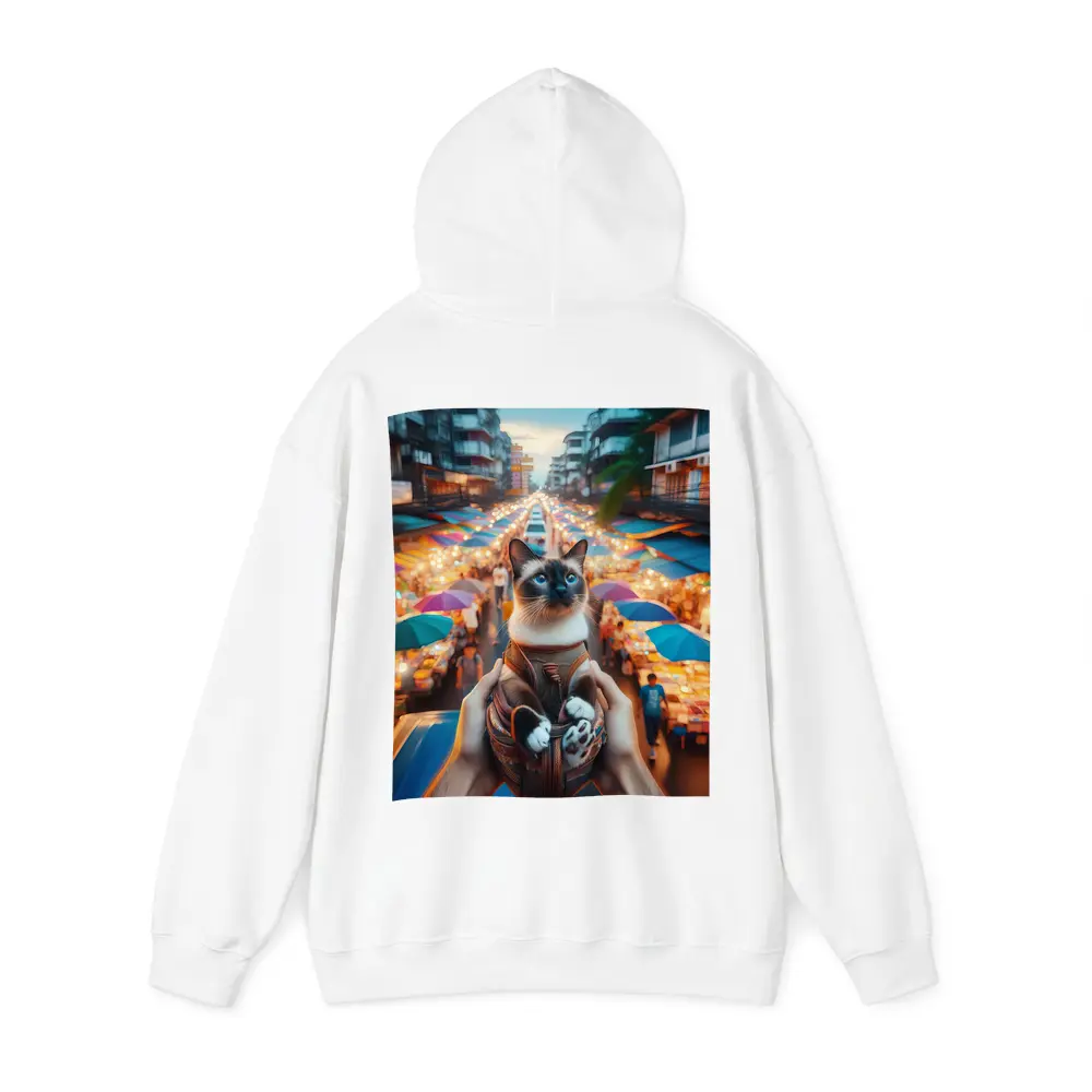 Siamese Cat Over Colorful Night Market Street – Hoodies
