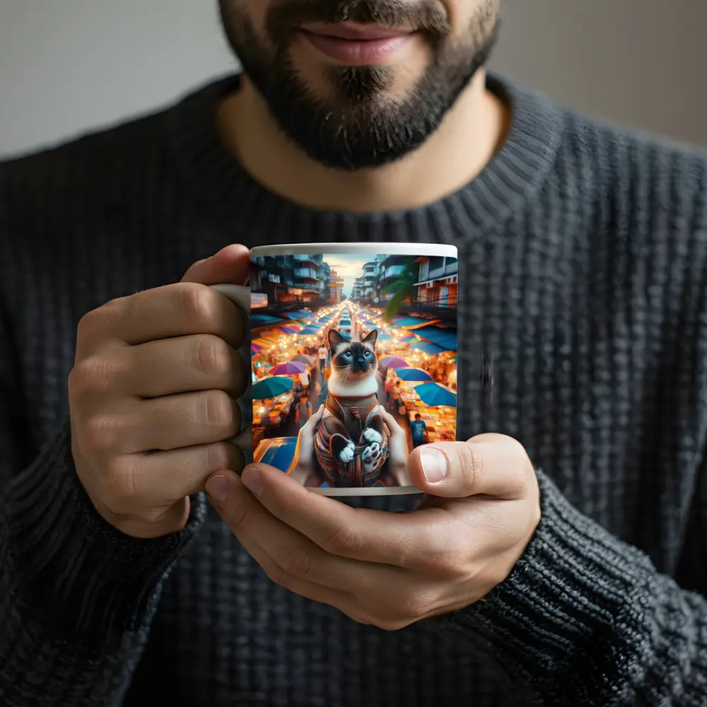 Siamese Cat Over Colorful Night Market Street – Mugs