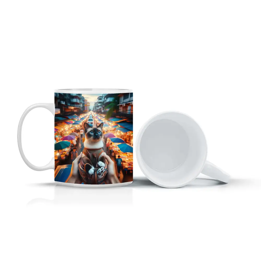 Siamese Cat Over Colorful Night Market Street – Mugs