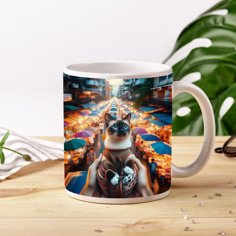 Siamese Cat Over Colorful Night Market Street – Mugs
