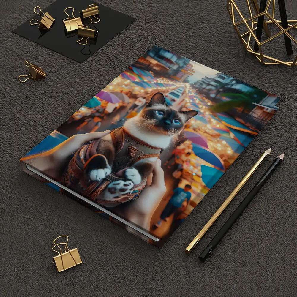 Siamese Cat Over Colorful Night Market Street – Notebooks