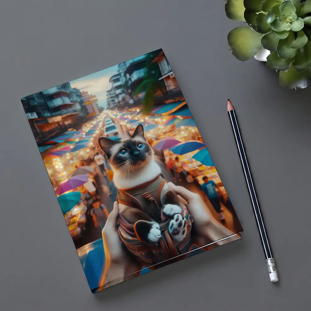 Siamese Cat Over Colorful Night Market Street – Notebooks