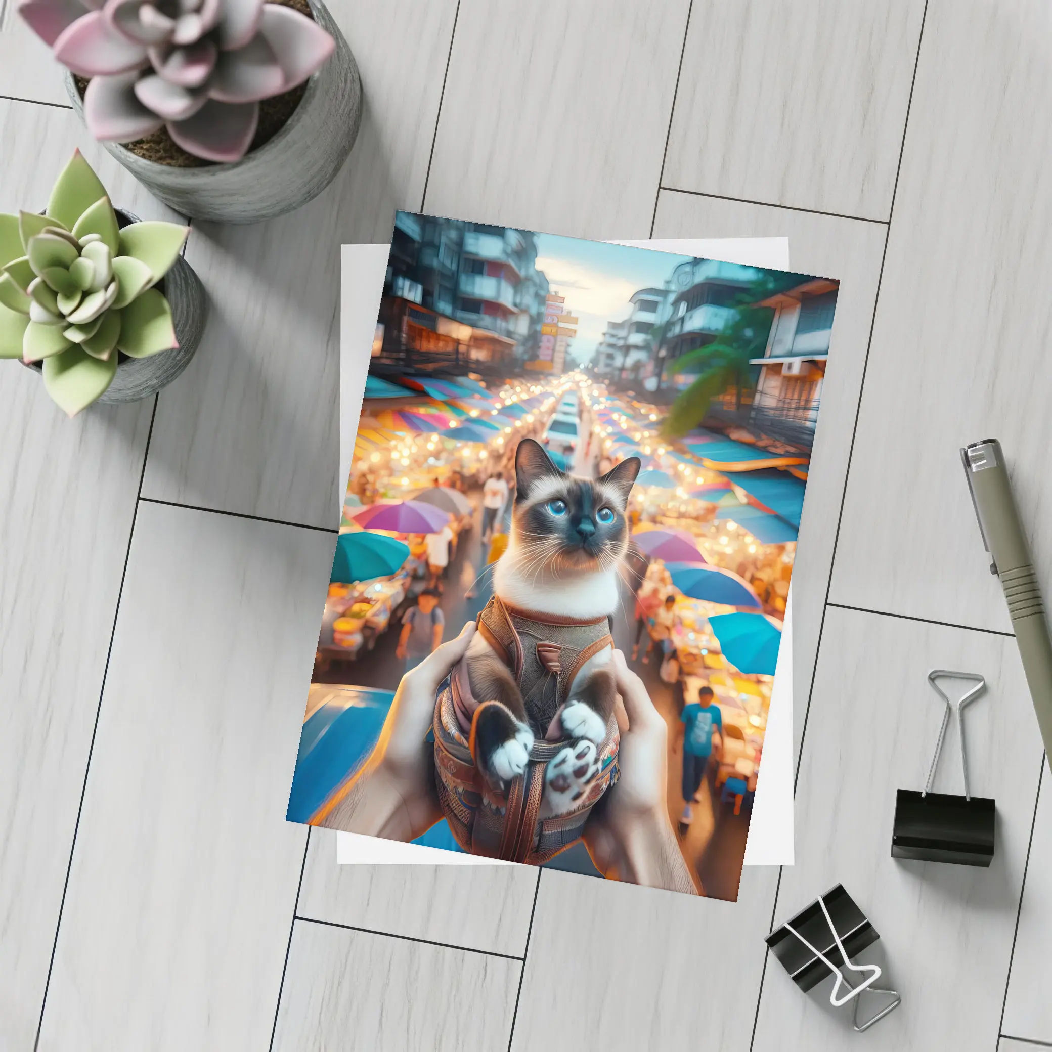 Siamese Cat Over Colorful Night Market Street – Postcards