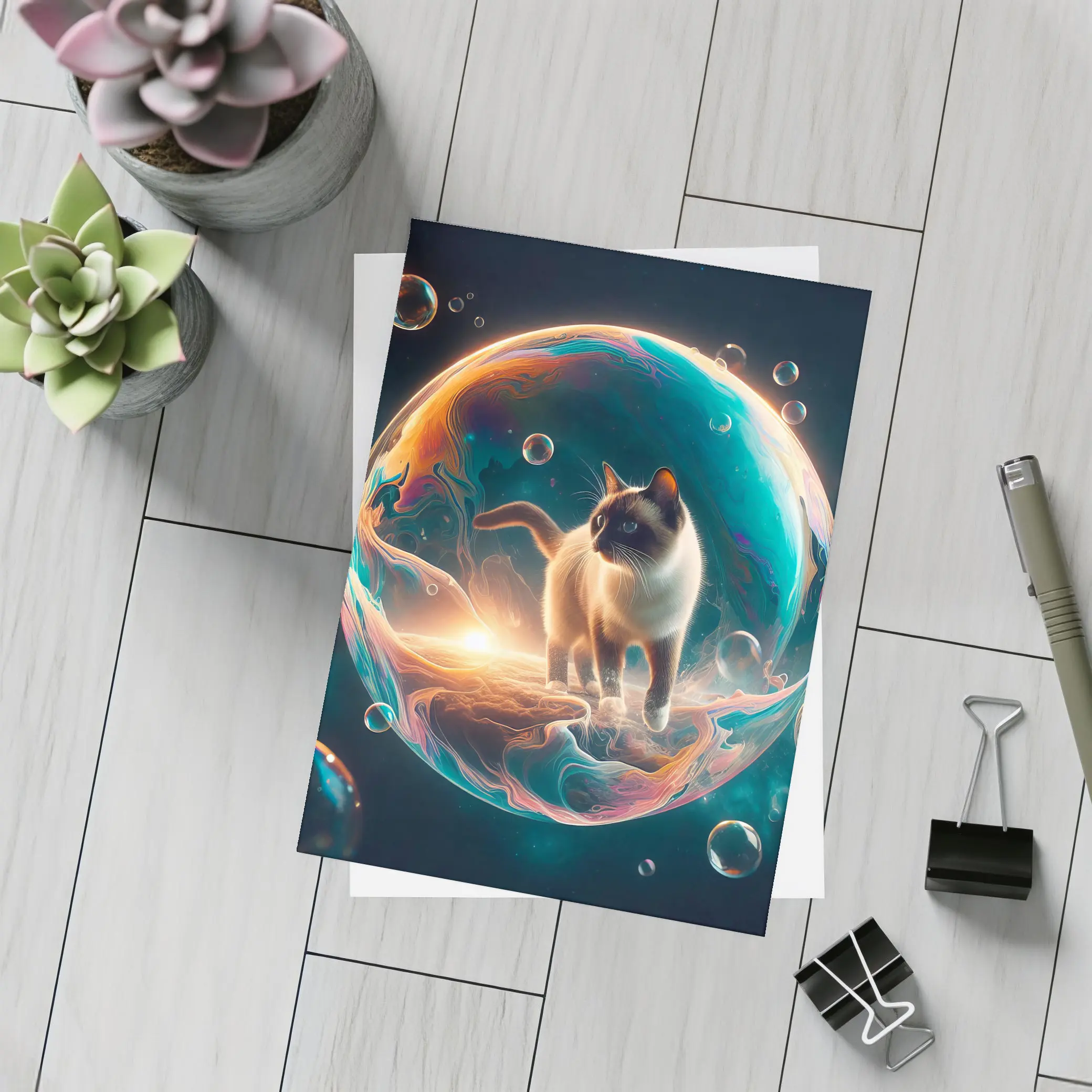 Siamese Cat Standing Inside Cosmic Bubble – Postcards