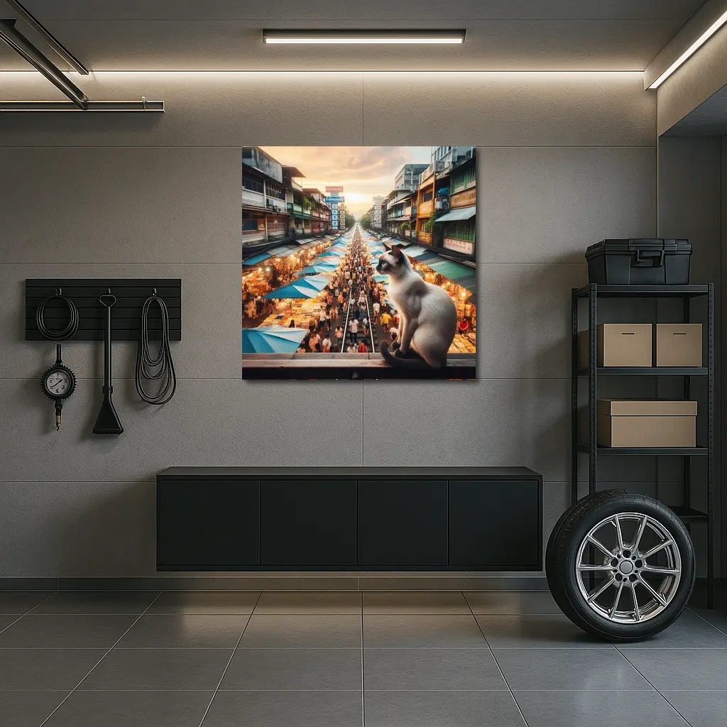 Siamese Cat Overlooking Busy Thailand Street Market – Wall Art