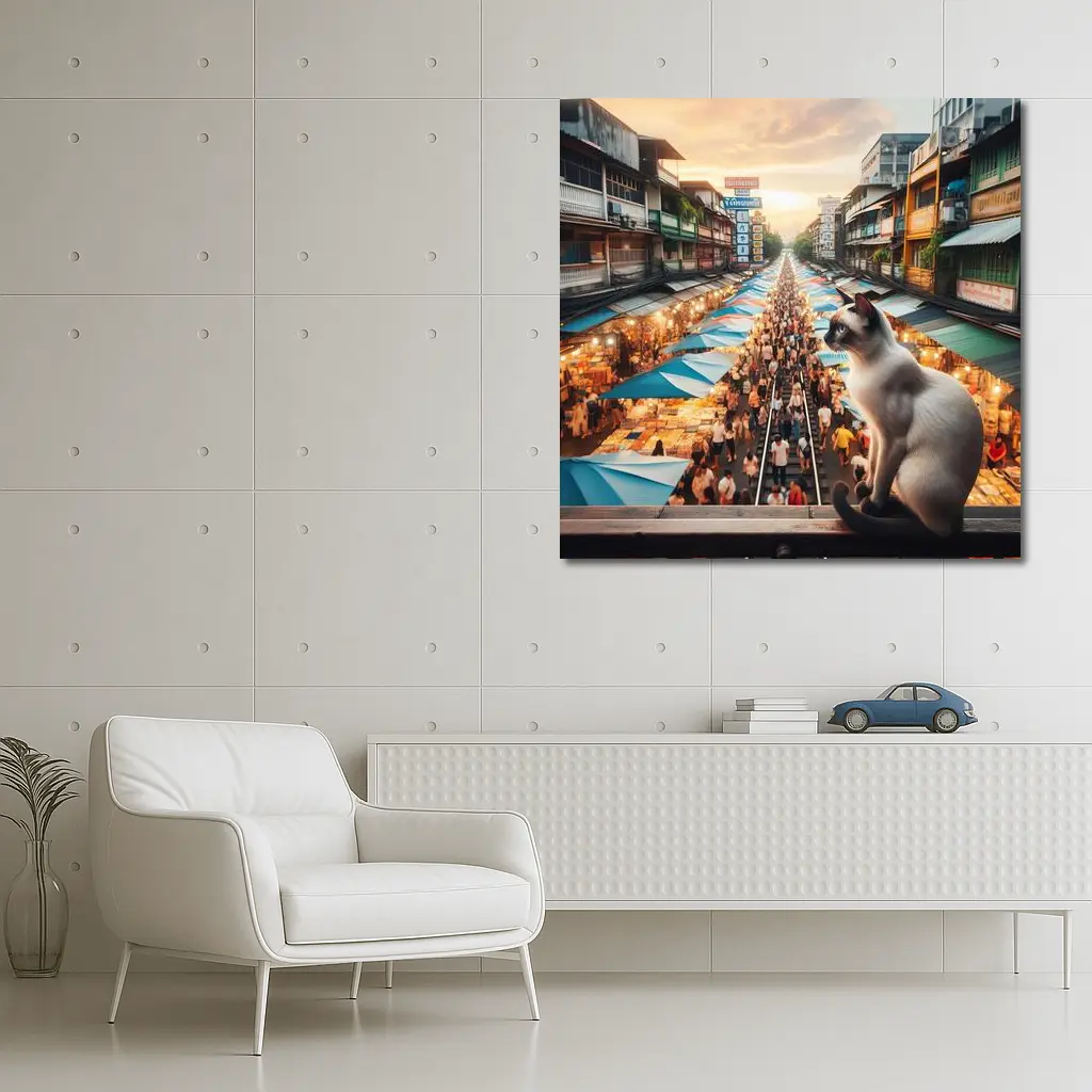 Siamese Cat Overlooking Busy Thailand Street Market – Wall Art