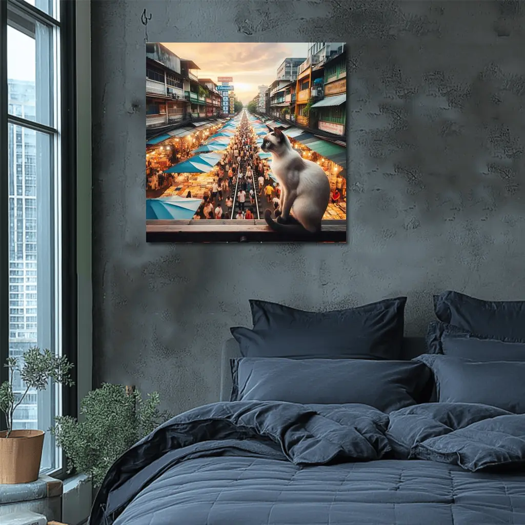 Siamese Cat Overlooking Busy Thailand Street Market – Wall Art
