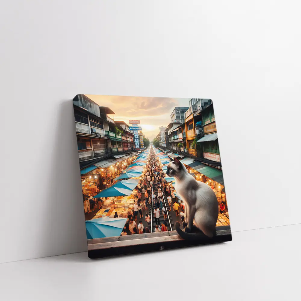 Siamese Cat Overlooking Busy Thailand Street Market – Wall Art