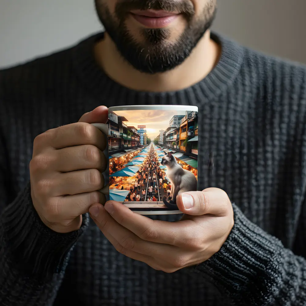Siamese Cat Overlooking Busy Thailand Street Market – Mugs