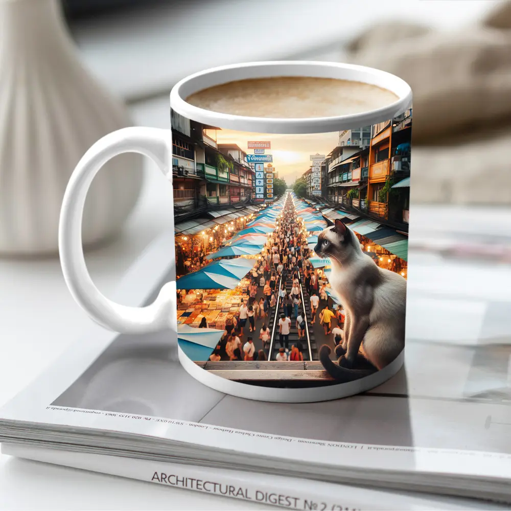 Siamese Cat Overlooking Busy Thailand Street Market – Mugs
