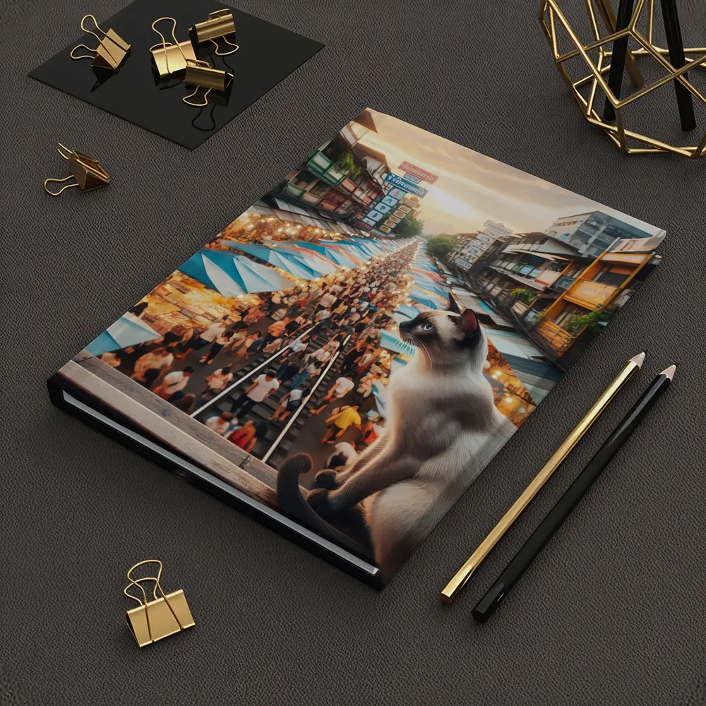 Siamese Cat Overlooking Busy Thailand Street Market – Notebooks