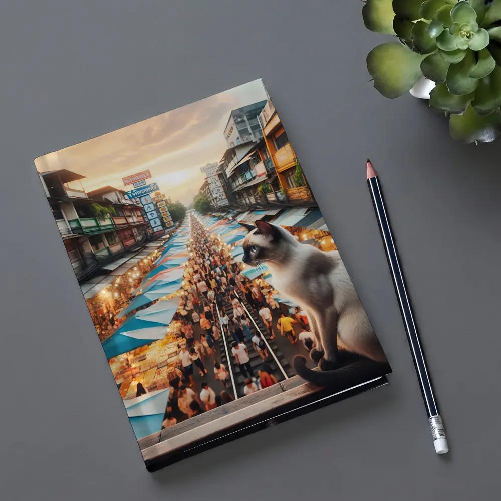 Siamese Cat Overlooking Busy Thailand Street Market – Notebooks