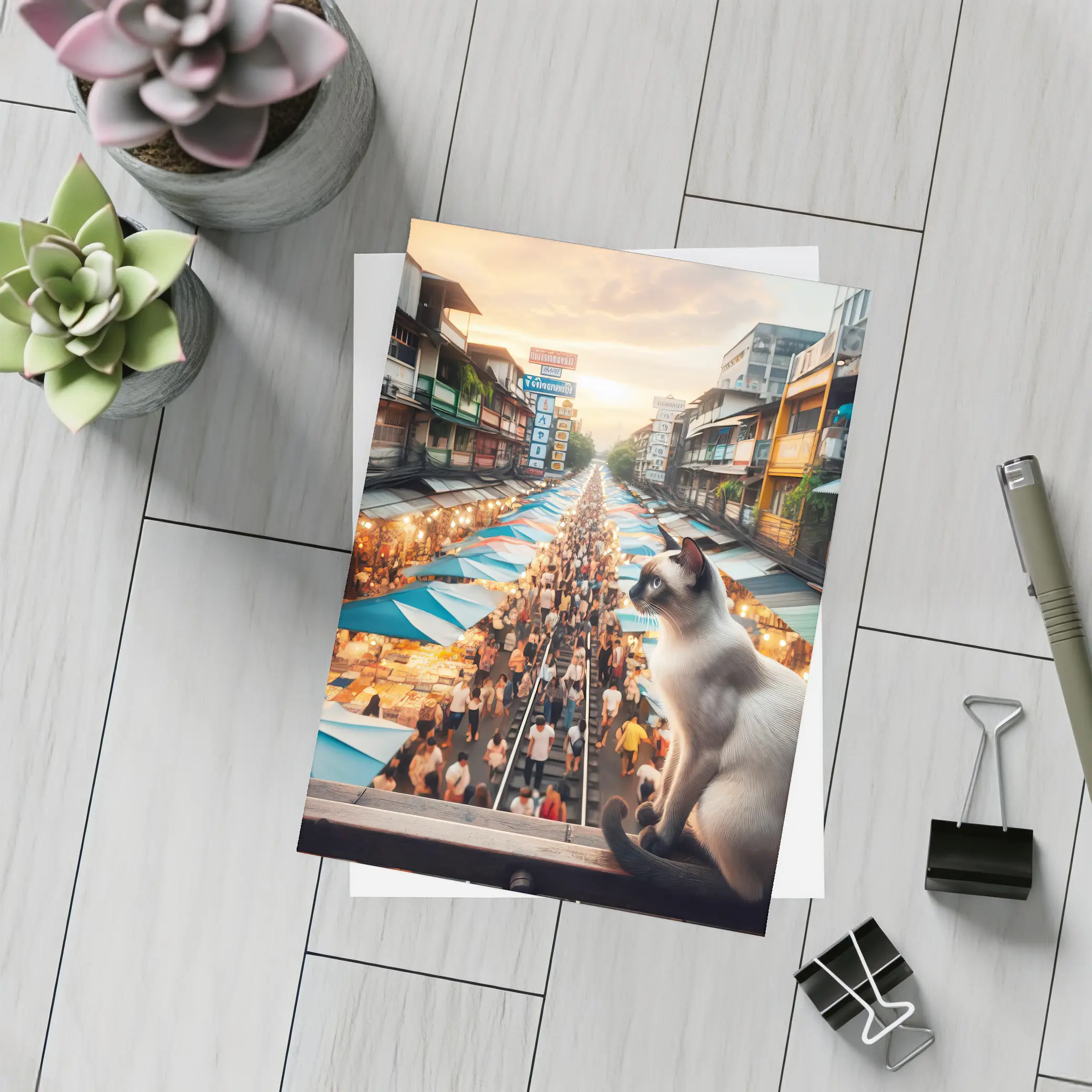 Siamese Cat Overlooking Busy Thailand Street Market – Postcards