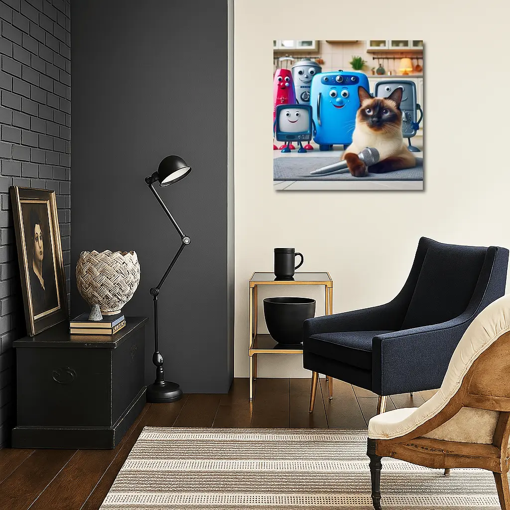 Siamese Cat With Cartoon Appliances Kitchen Scene – Wall Art