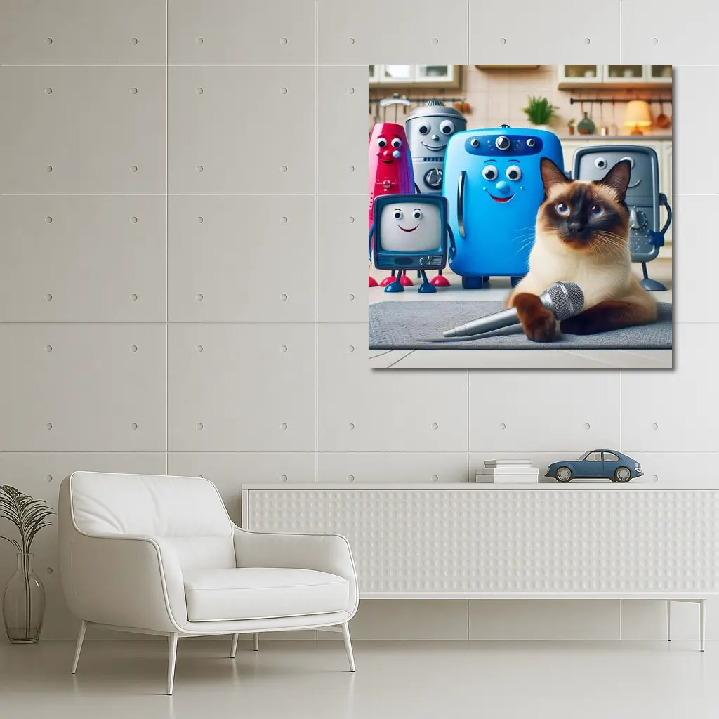 Siamese Cat With Cartoon Appliances Kitchen Scene – Wall Art