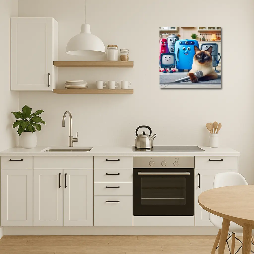 Siamese Cat With Cartoon Appliances Kitchen Scene – Wall Art