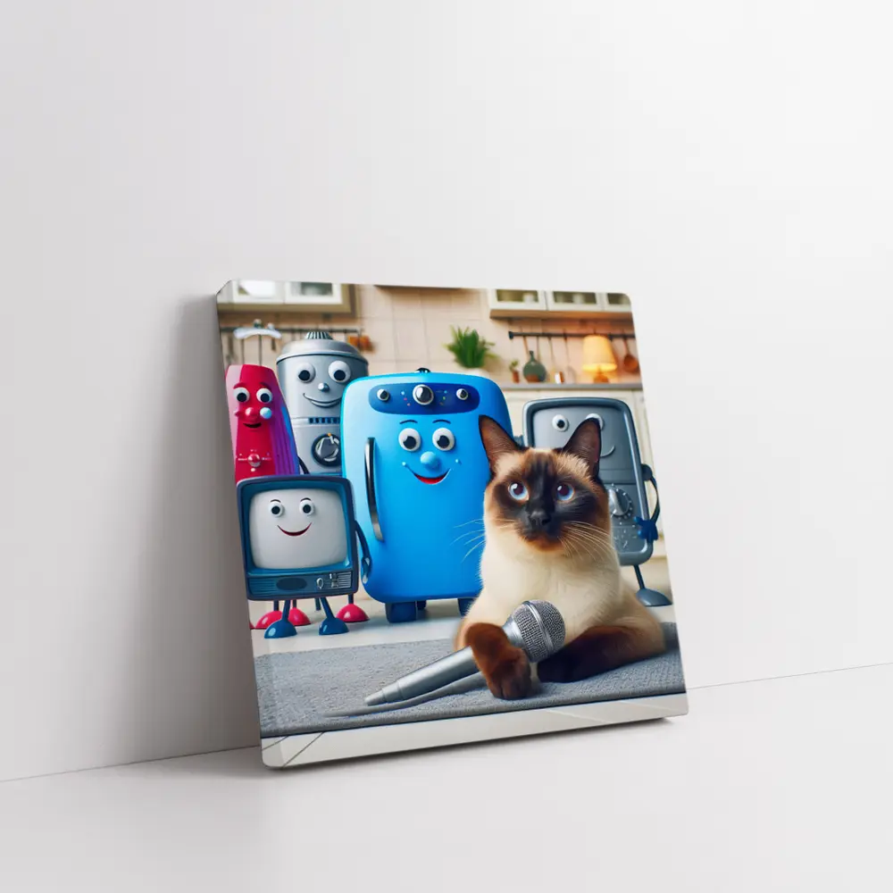 Siamese Cat With Cartoon Appliances Kitchen Scene – Wall Art