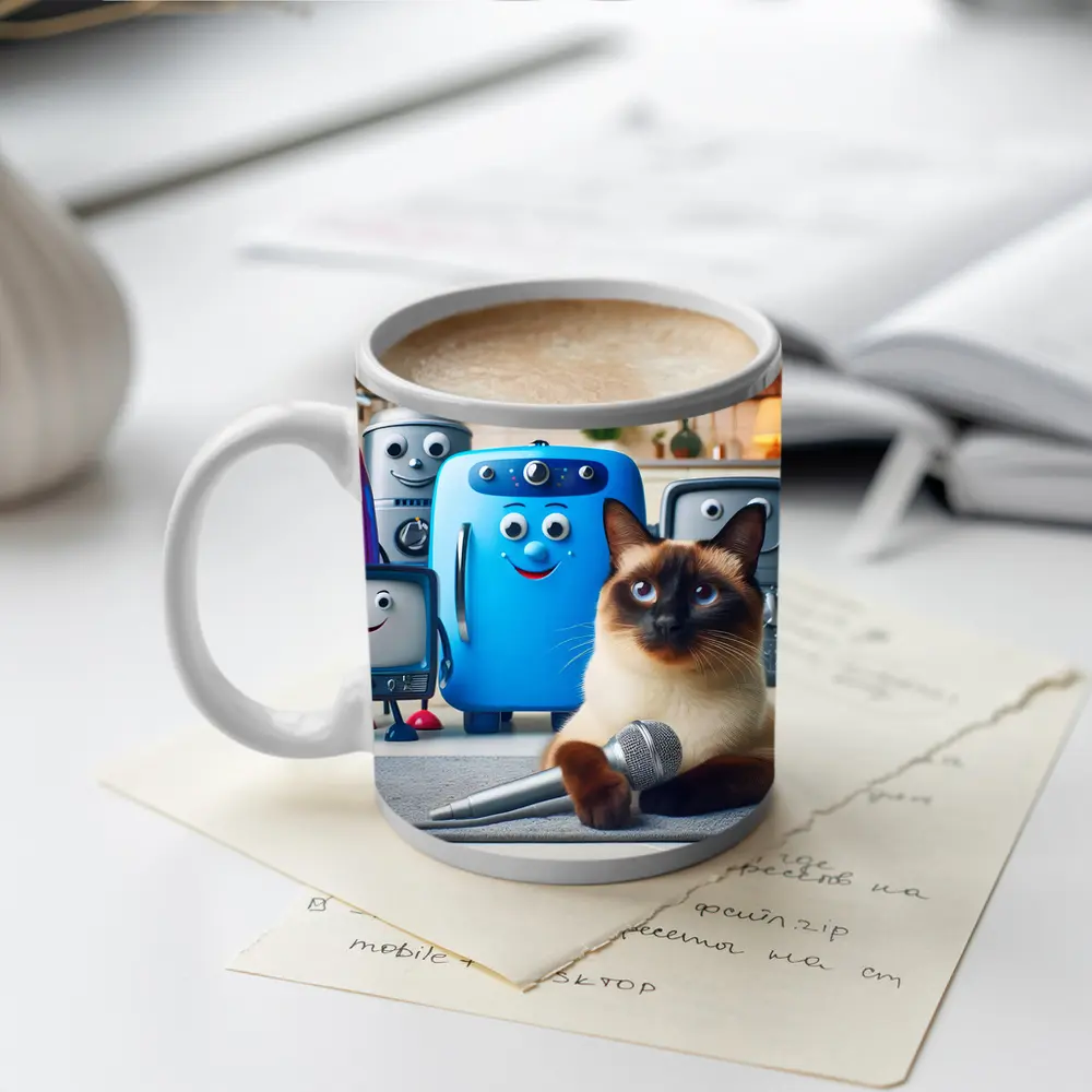 Siamese Cat With Cartoon Appliances Kitchen Scene – Mugs