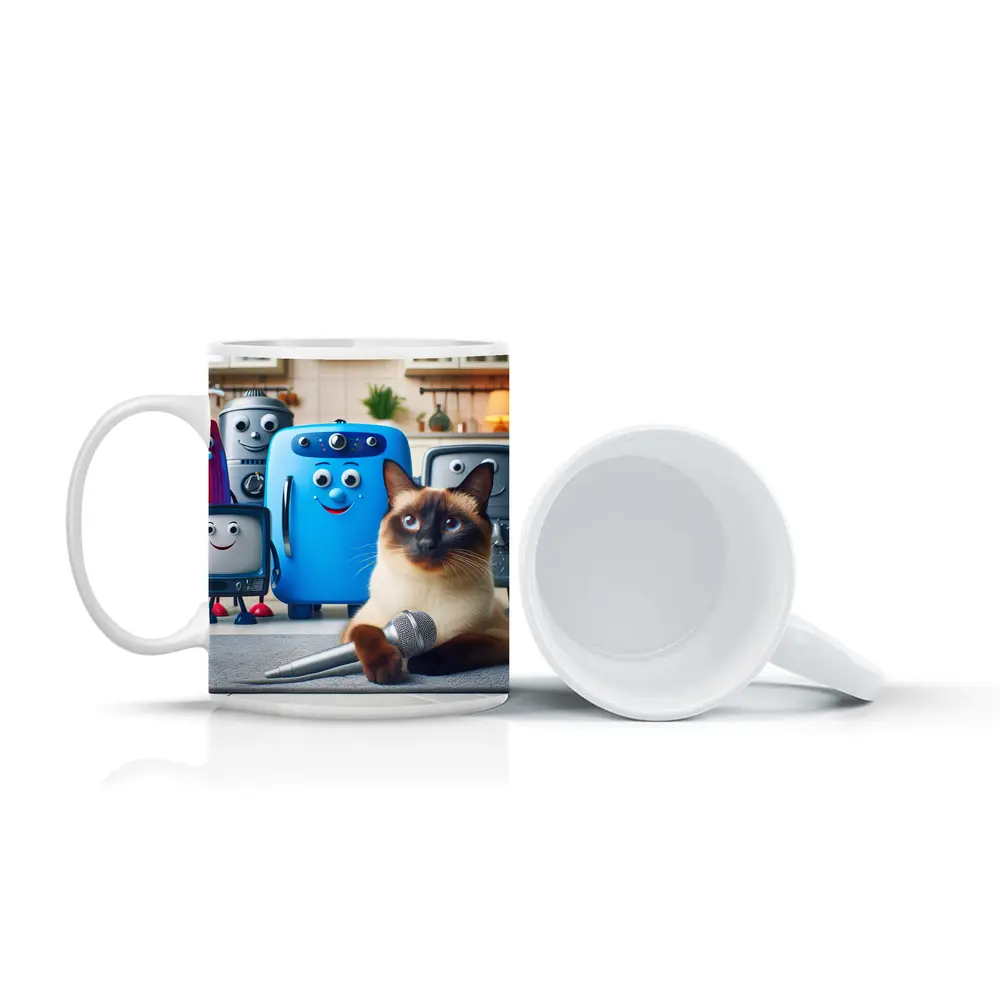Siamese Cat With Cartoon Appliances Kitchen Scene – Mugs