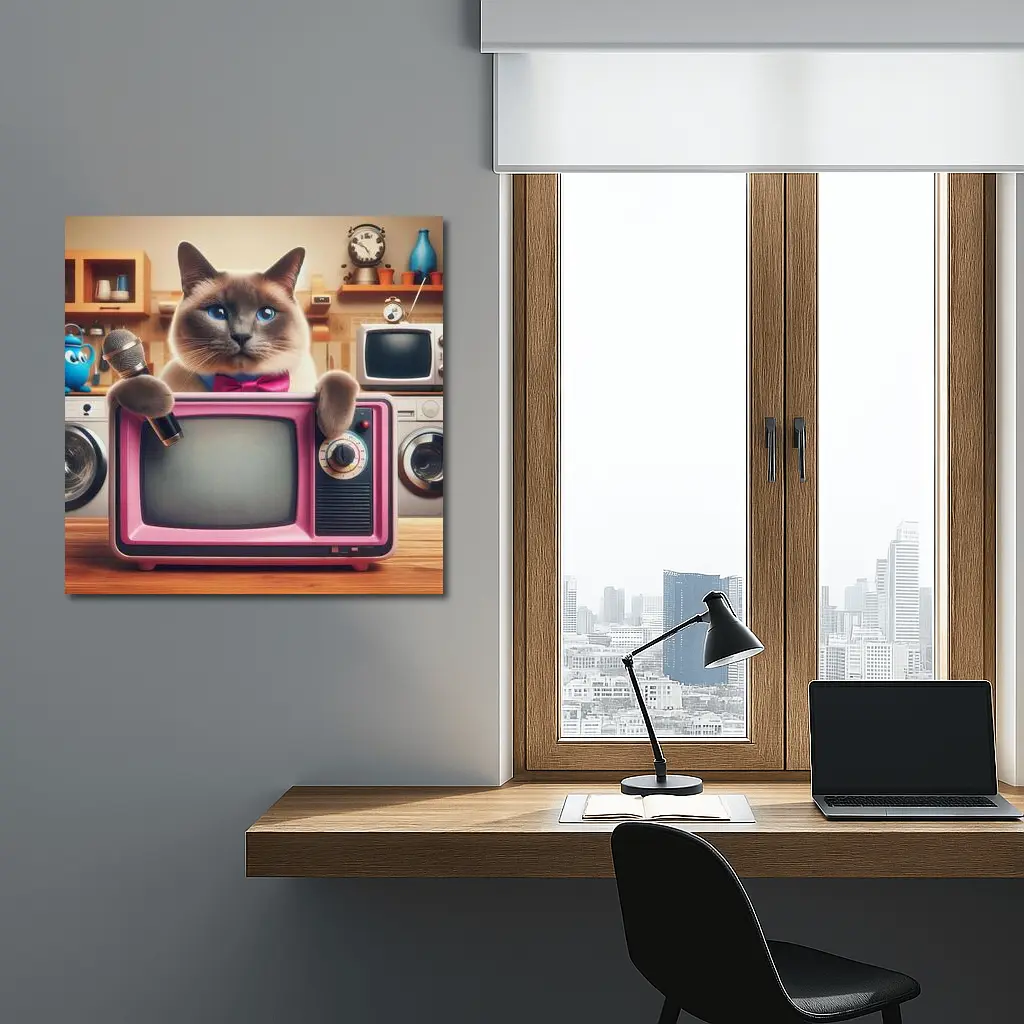 Birman Cat Holding Microphone Retro Pink TV – Wall Art