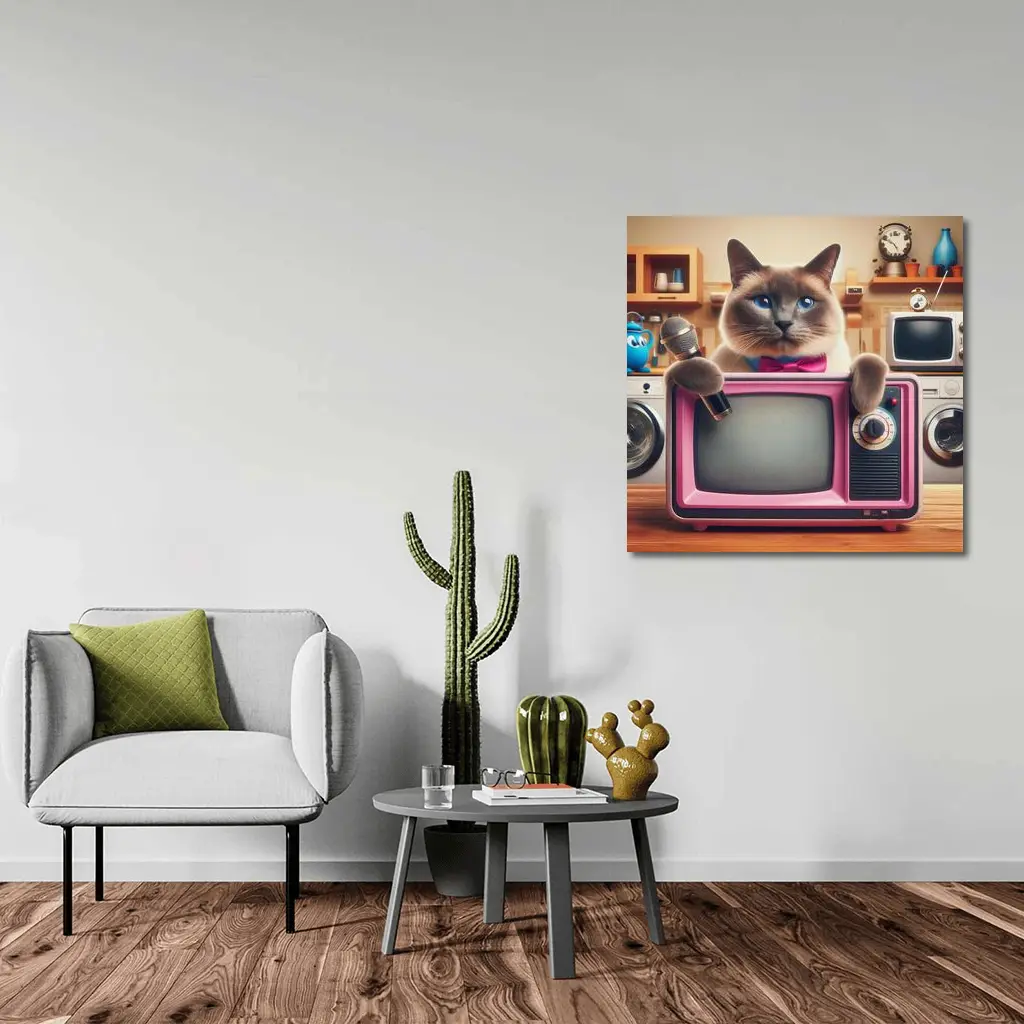 Birman Cat Holding Microphone Retro Pink TV – Wall Art