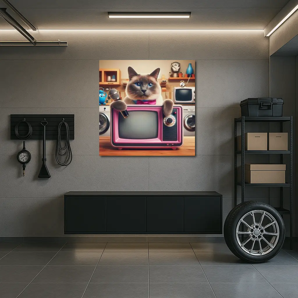 Birman Cat Holding Microphone Retro Pink TV – Wall Art