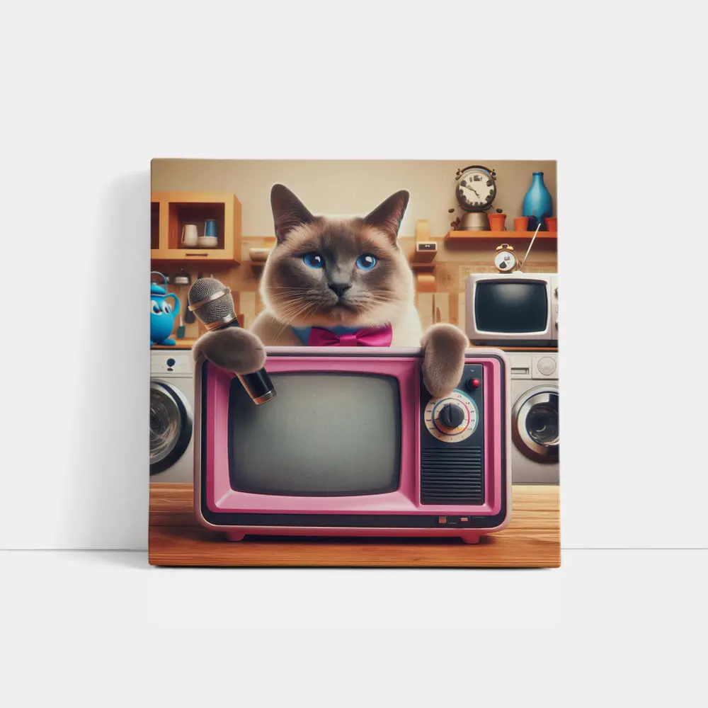 Birman Cat Holding Microphone Retro Pink TV – Wall Art