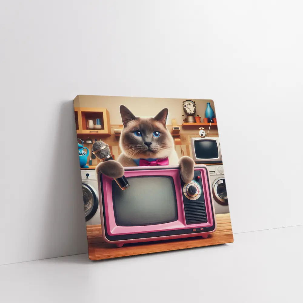 Birman Cat Holding Microphone Retro Pink TV – Wall Art