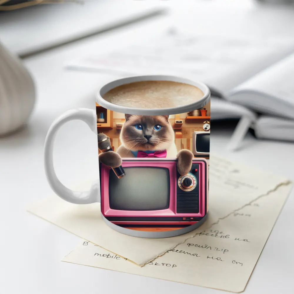 Birman Cat Holding Microphone Retro Pink TV – Mugs