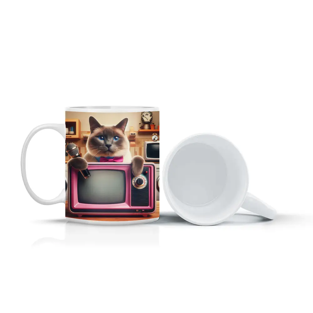 Birman Cat Holding Microphone Retro Pink TV – Mugs