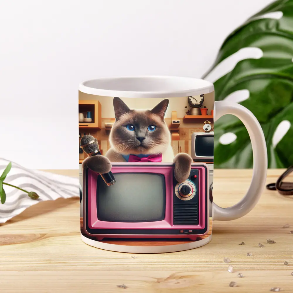 Birman Cat Holding Microphone Retro Pink TV – Mugs