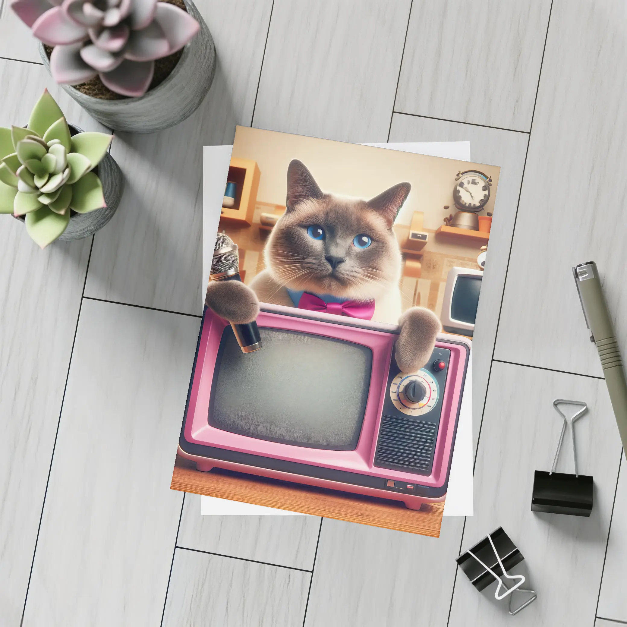 Birman Cat Holding Microphone Retro Pink TV – Postcards