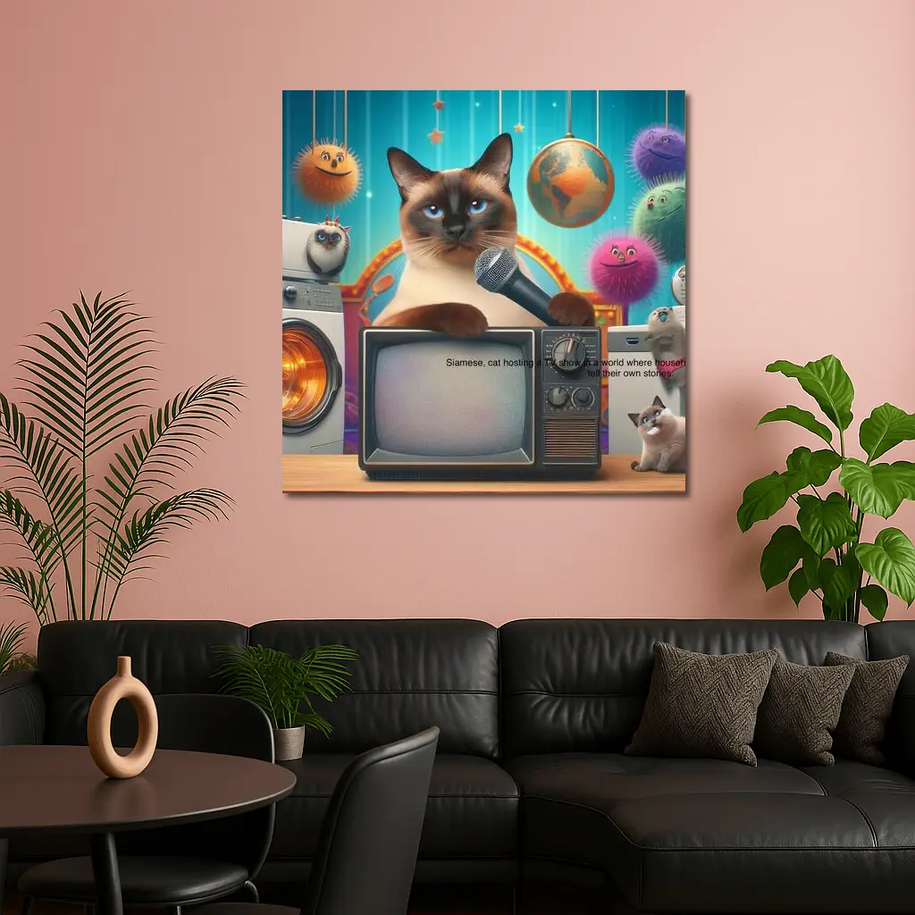 Siamese Cat Hosting TV Show Colorful Scene – Wall Art